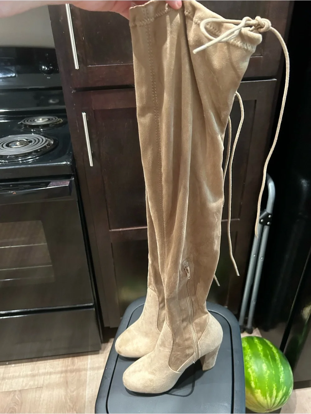 New Lulu’s Beige Suede Over-the-Knee Boots.   20 inches from the ankle up.